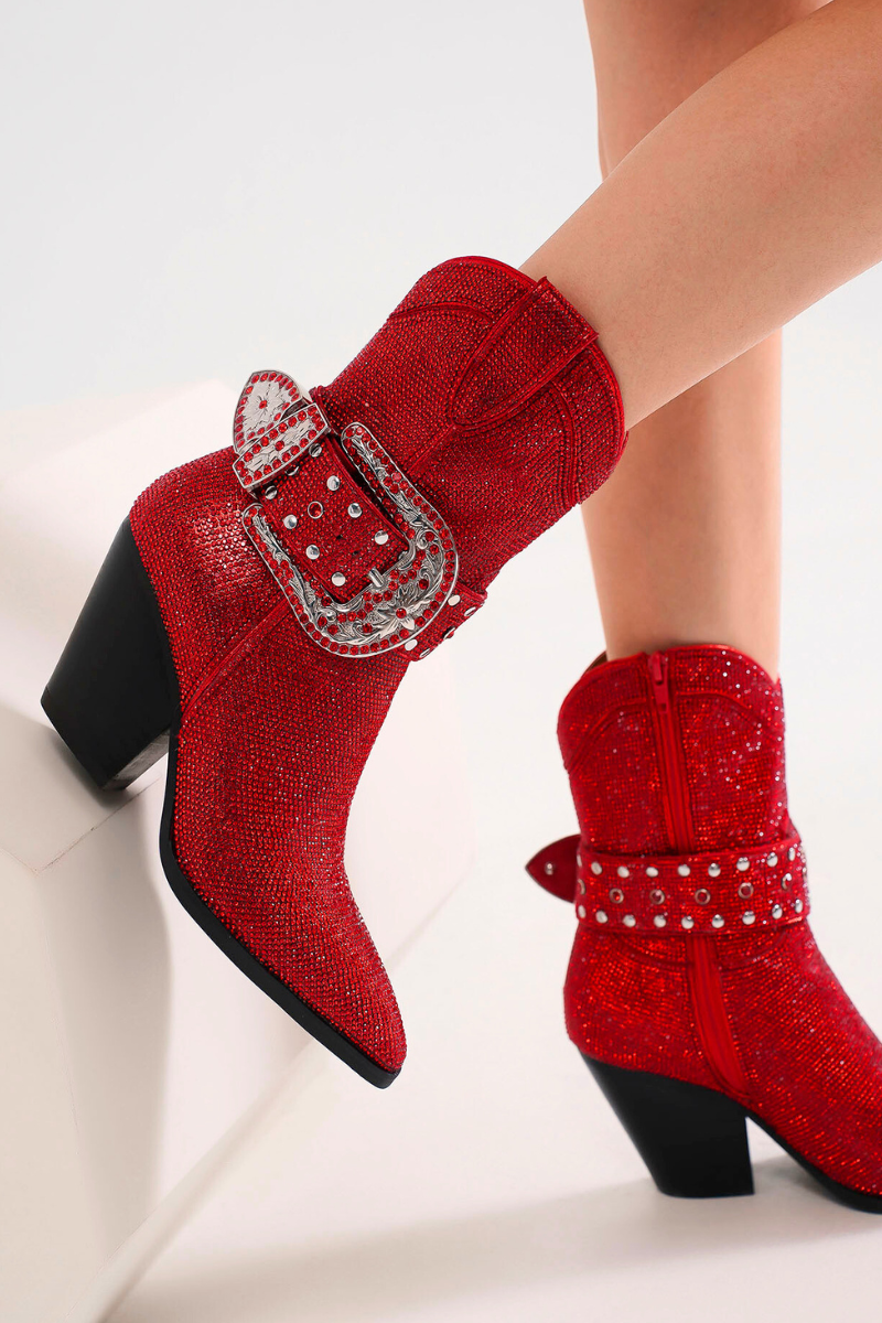 Western Ankle Boots with Rhinestone Strap and Buckle ANTONIA-03