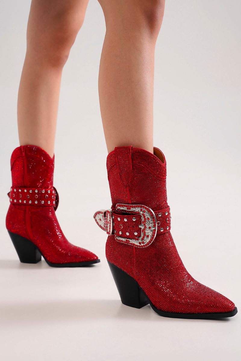 Western Ankle Boots with Rhinestone Strap and Buckle ANTONIA-03