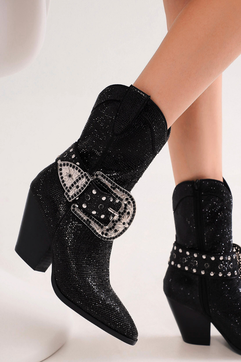 Western Ankle Boots with Rhinestone Strap and Buckle ANTONIA-03