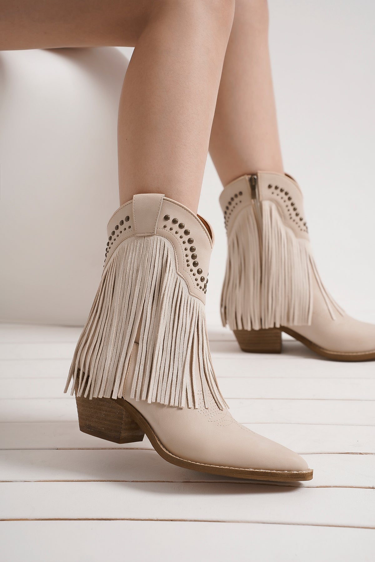 Fringe Western Block Heel Ankle Boots – ADELA-16